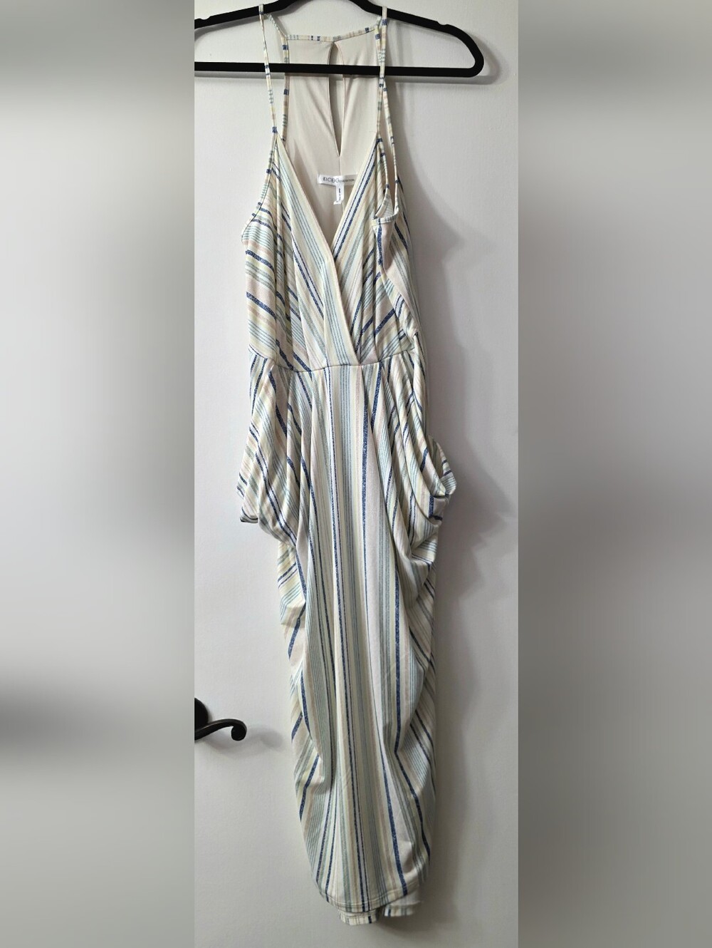 BCBGeneration Ivory Striped Asymmetrical Midi Dress with Blue and Tan Accents